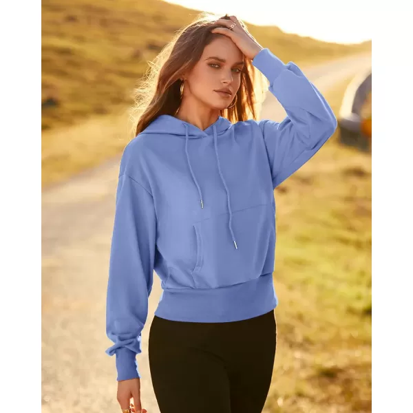 imageBTFBM Womens Casual Long Sleeve Hoodies Pullover Fall Winter 2023 Fashion Drawstring Cropped Sweatshirts Tops PocketsSolid Sky Blue