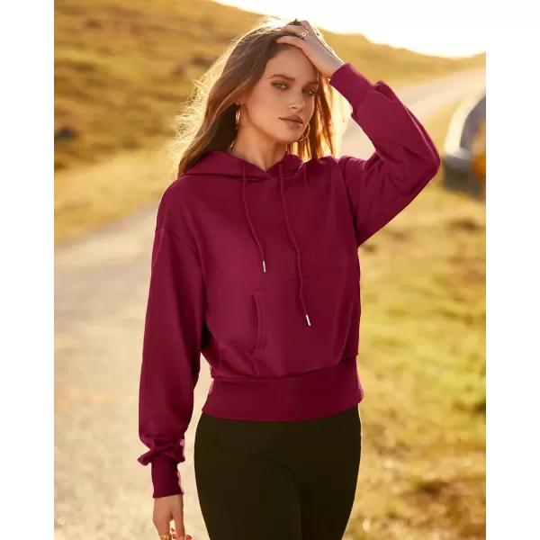 imageBTFBM Womens Casual Long Sleeve Hoodies Pullover Fall Winter 2023 Fashion Drawstring Cropped Sweatshirts Tops PocketsSolid Wine Red