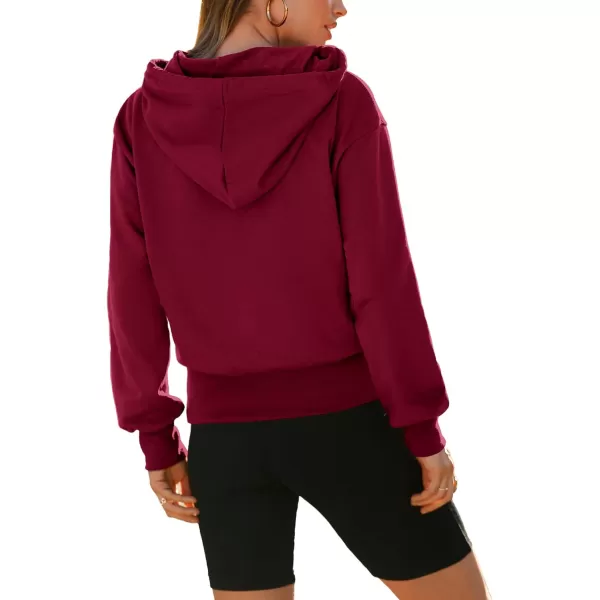 imageBTFBM Womens Casual Long Sleeve Hoodies Pullover Fall Winter 2023 Fashion Drawstring Cropped Sweatshirts Tops PocketsSolid Wine Red