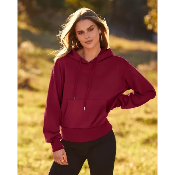 imageBTFBM Womens Casual Long Sleeve Hoodies Pullover Fall Winter 2023 Fashion Drawstring Cropped Sweatshirts Tops PocketsSolid Wine Red