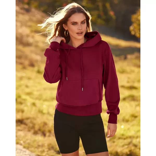 imageBTFBM Womens Casual Long Sleeve Hoodies Pullover Fall Winter 2023 Fashion Drawstring Cropped Sweatshirts Tops PocketsSolid Wine Red