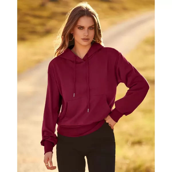 imageBTFBM Womens Casual Long Sleeve Hoodies Pullover Fall Winter 2023 Fashion Drawstring Cropped Sweatshirts Tops PocketsSolid Wine Red