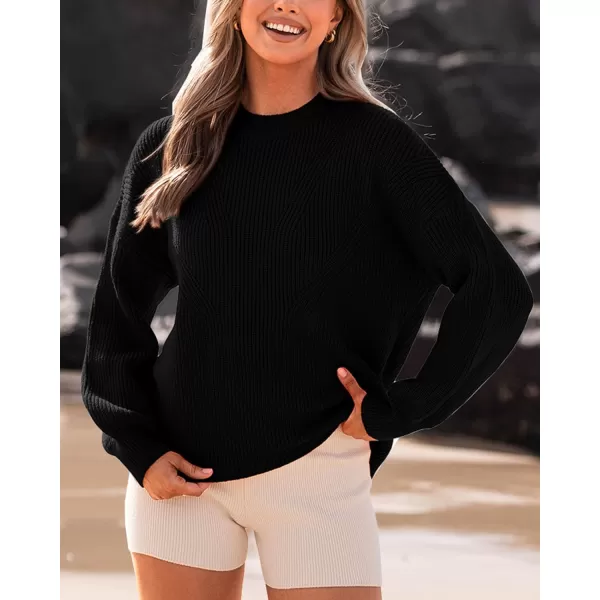 imageBTFBM Womens Casual Long Sleeve Pullover Sweaters Crew Neck Oversized Ribbed Knit 2023 Fall Winter Sweater Jumper TopsSolid Black