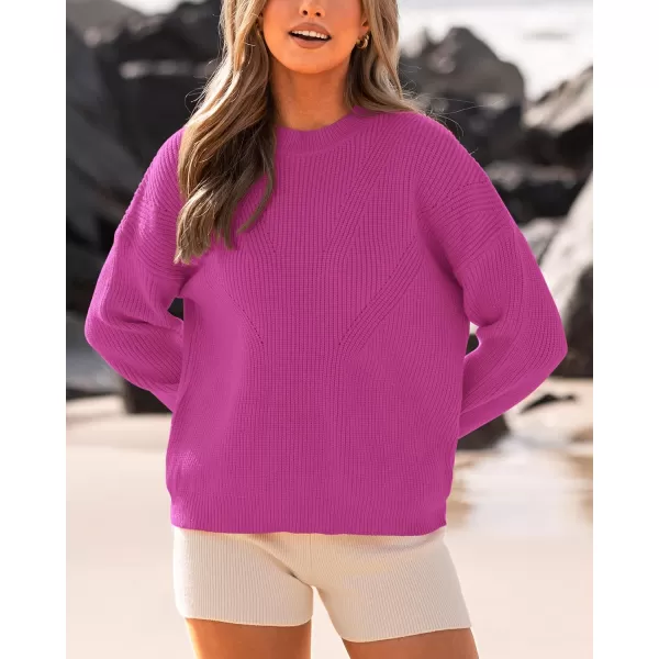 imageBTFBM Womens Casual Long Sleeve Pullover Sweaters Crew Neck Oversized Ribbed Knit 2023 Fall Winter Sweater Jumper TopsSolid Dark Rose Red