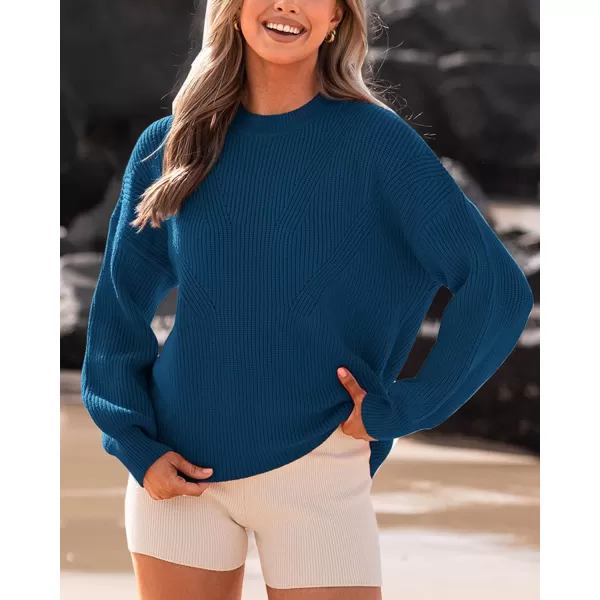 imageBTFBM Womens Casual Long Sleeve Pullover Sweaters Crew Neck Oversized Ribbed Knit 2023 Fall Winter Sweater Jumper TopsSolid Denim Blue