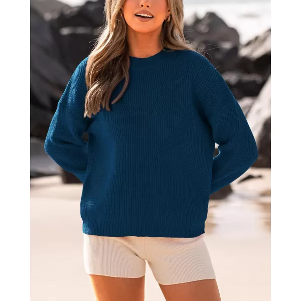 imageBTFBM Womens Casual Long Sleeve Pullover Sweaters Crew Neck Oversized Ribbed Knit 2023 Fall Winter Sweater Jumper TopsSolid Denim Blue