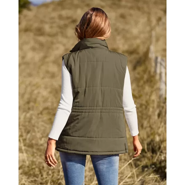 imageBTFBM Womens Casual Outerwear Vest Button Down Zip Up Padded Gilet Drawstring Sleeveless Jackets Coats with PocketsSolid Army Green