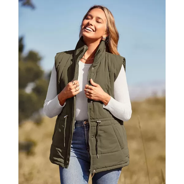 imageBTFBM Womens Casual Outerwear Vest Button Down Zip Up Padded Gilet Drawstring Sleeveless Jackets Coats with PocketsSolid Army Green