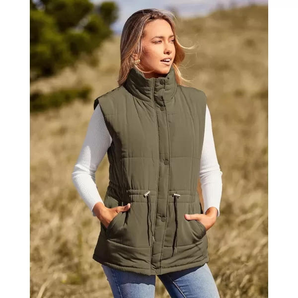 imageBTFBM Womens Casual Outerwear Vest Button Down Zip Up Padded Gilet Drawstring Sleeveless Jackets Coats with PocketsSolid Army Green