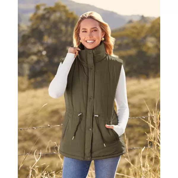 imageBTFBM Womens Casual Outerwear Vest Button Down Zip Up Padded Gilet Drawstring Sleeveless Jackets Coats with PocketsSolid Army Green