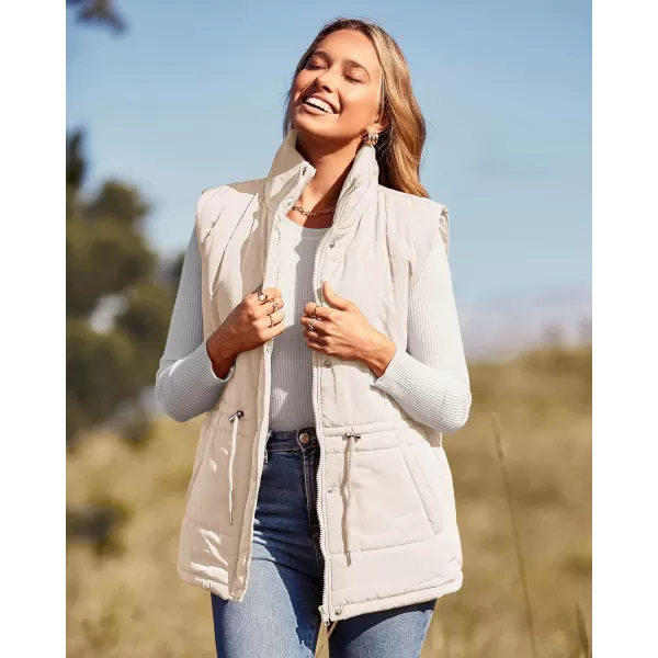 imageBTFBM Womens Casual Outerwear Vest Button Down Zip Up Padded Gilet Drawstring Sleeveless Jackets Coats with PocketsSolid Beige