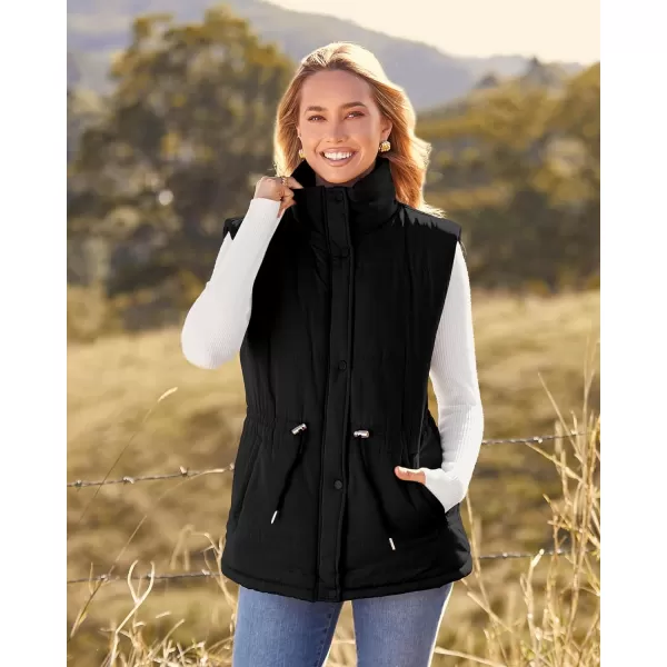 imageBTFBM Womens Casual Outerwear Vest Button Down Zip Up Padded Gilet Drawstring Sleeveless Jackets Coats with PocketsSolid Black