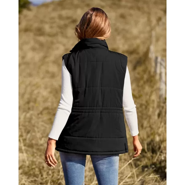 imageBTFBM Womens Casual Outerwear Vest Button Down Zip Up Padded Gilet Drawstring Sleeveless Jackets Coats with PocketsSolid Black