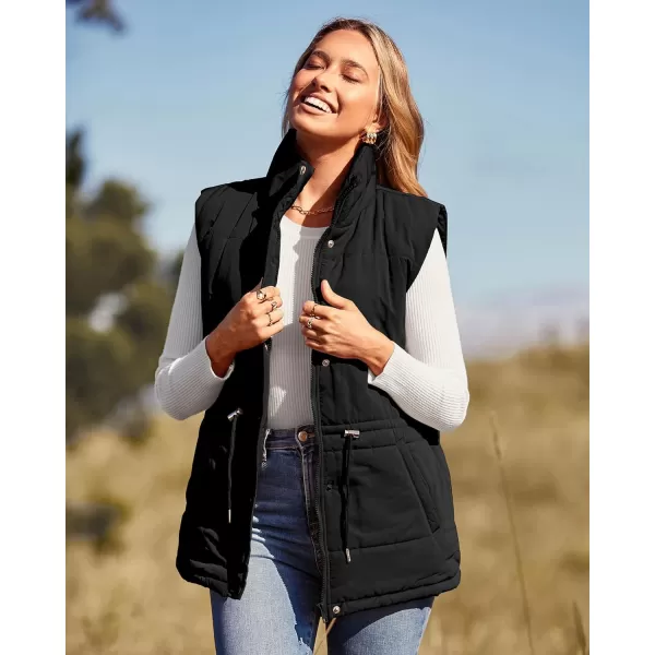 imageBTFBM Womens Casual Outerwear Vest Button Down Zip Up Padded Gilet Drawstring Sleeveless Jackets Coats with PocketsSolid Black