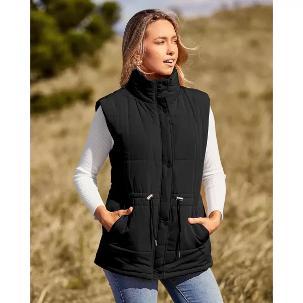 imageBTFBM Womens Casual Outerwear Vest Button Down Zip Up Padded Gilet Drawstring Sleeveless Jackets Coats with PocketsSolid Black