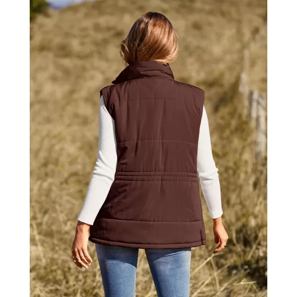 imageBTFBM Womens Casual Outerwear Vest Button Down Zip Up Padded Gilet Drawstring Sleeveless Jackets Coats with PocketsSolid Coffee