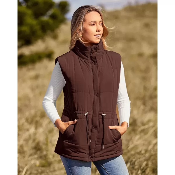 imageBTFBM Womens Casual Outerwear Vest Button Down Zip Up Padded Gilet Drawstring Sleeveless Jackets Coats with PocketsSolid Coffee