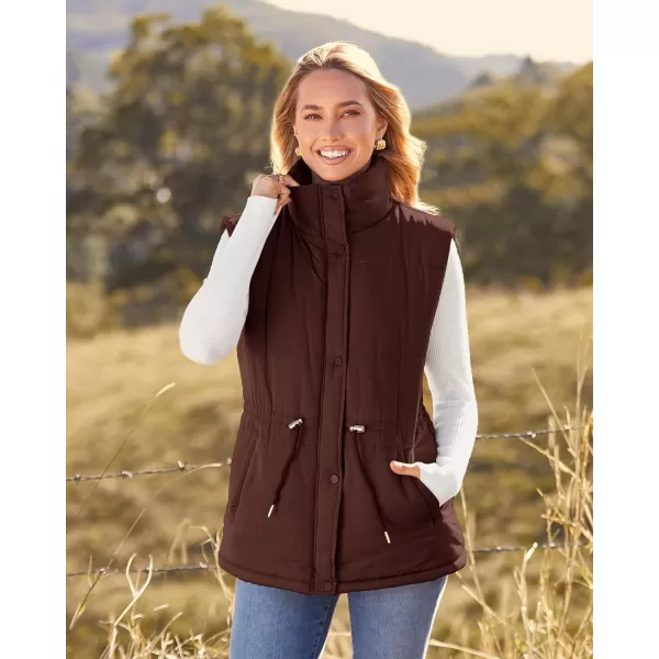 imageBTFBM Womens Casual Outerwear Vest Button Down Zip Up Padded Gilet Drawstring Sleeveless Jackets Coats with PocketsSolid Coffee