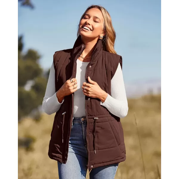 imageBTFBM Womens Casual Outerwear Vest Button Down Zip Up Padded Gilet Drawstring Sleeveless Jackets Coats with PocketsSolid Coffee