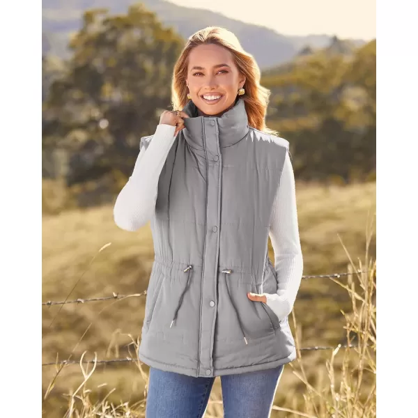 imageBTFBM Womens Casual Outerwear Vest Button Down Zip Up Padded Gilet Drawstring Sleeveless Jackets Coats with PocketsSolid Grey