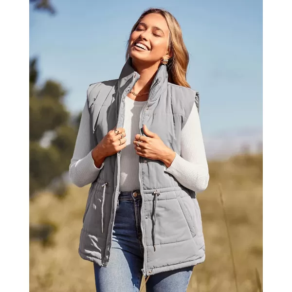 imageBTFBM Womens Casual Outerwear Vest Button Down Zip Up Padded Gilet Drawstring Sleeveless Jackets Coats with PocketsSolid Grey
