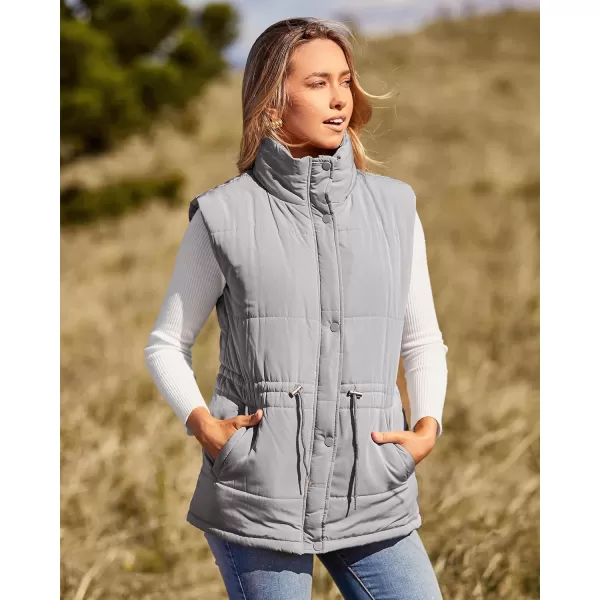 imageBTFBM Womens Casual Outerwear Vest Button Down Zip Up Padded Gilet Drawstring Sleeveless Jackets Coats with PocketsSolid Grey