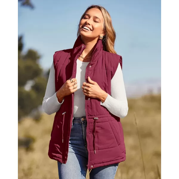 imageBTFBM Womens Casual Outerwear Vest Button Down Zip Up Padded Gilet Drawstring Sleeveless Jackets Coats with PocketsSolid Wine Red
