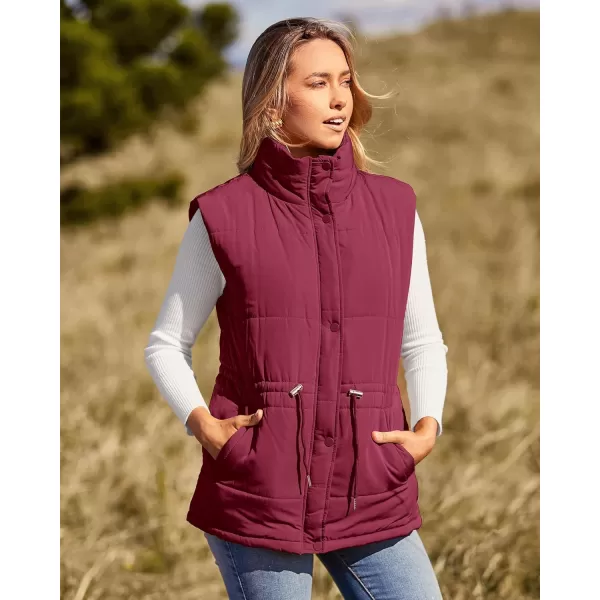 imageBTFBM Womens Casual Outerwear Vest Button Down Zip Up Padded Gilet Drawstring Sleeveless Jackets Coats with PocketsSolid Wine Red
