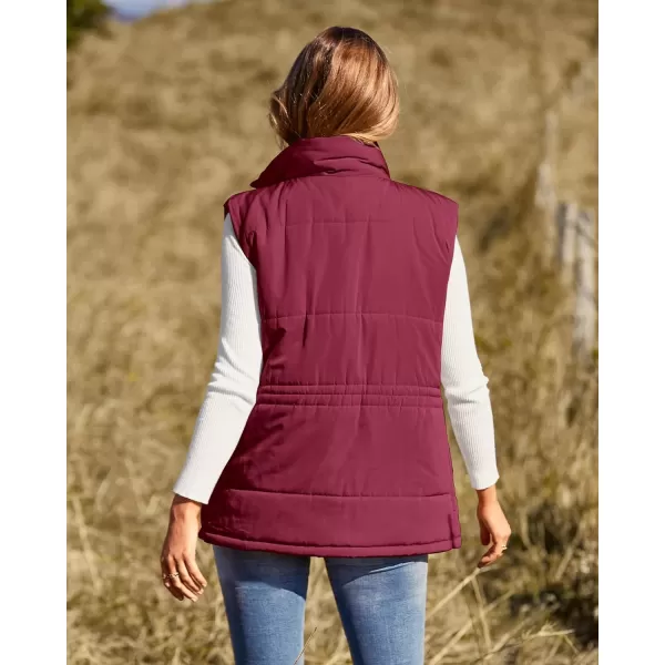 imageBTFBM Womens Casual Outerwear Vest Button Down Zip Up Padded Gilet Drawstring Sleeveless Jackets Coats with PocketsSolid Wine Red