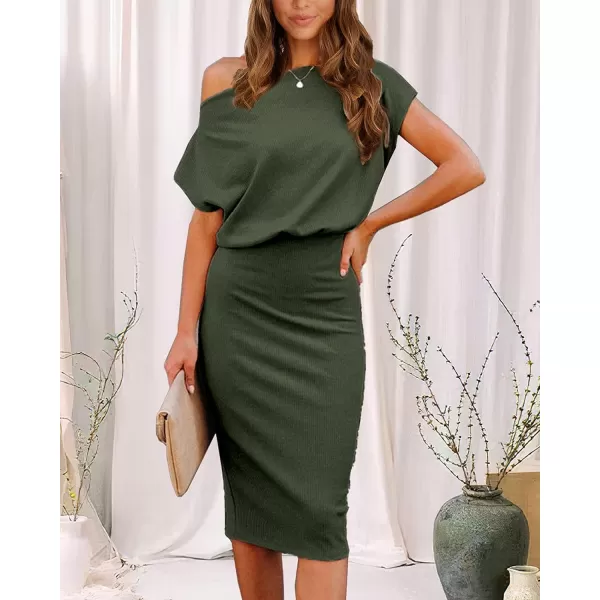 imageBTFBM Womens Casual Party Dresses 2023 Summer Spring Off The Shoulder Short Sleeve Slim Ribbed Knit Midi Bodycon DressSolid Army Green