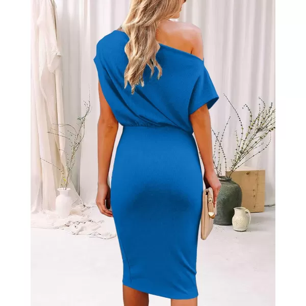 imageBTFBM Womens Casual Party Dresses 2023 Summer Spring Off The Shoulder Short Sleeve Slim Ribbed Knit Midi Bodycon DressSolid Blue