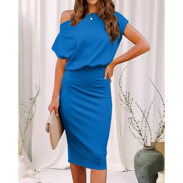 imageBTFBM Womens Casual Party Dresses 2023 Summer Spring Off The Shoulder Short Sleeve Slim Ribbed Knit Midi Bodycon DressSolid Blue