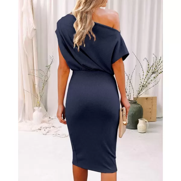 imageBTFBM Womens Casual Party Dresses 2023 Summer Spring Off The Shoulder Short Sleeve Slim Ribbed Knit Midi Bodycon DressSolid Bright Blue