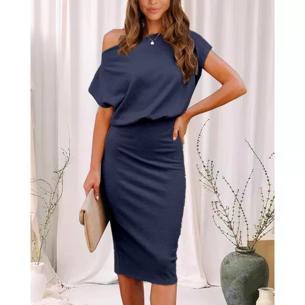 imageBTFBM Womens Casual Party Dresses 2023 Summer Spring Off The Shoulder Short Sleeve Slim Ribbed Knit Midi Bodycon DressSolid Bright Blue
