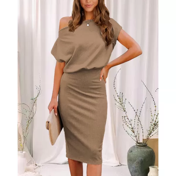 imageBTFBM Womens Casual Party Dresses 2023 Summer Spring Off The Shoulder Short Sleeve Slim Ribbed Knit Midi Bodycon DressSolid Camel