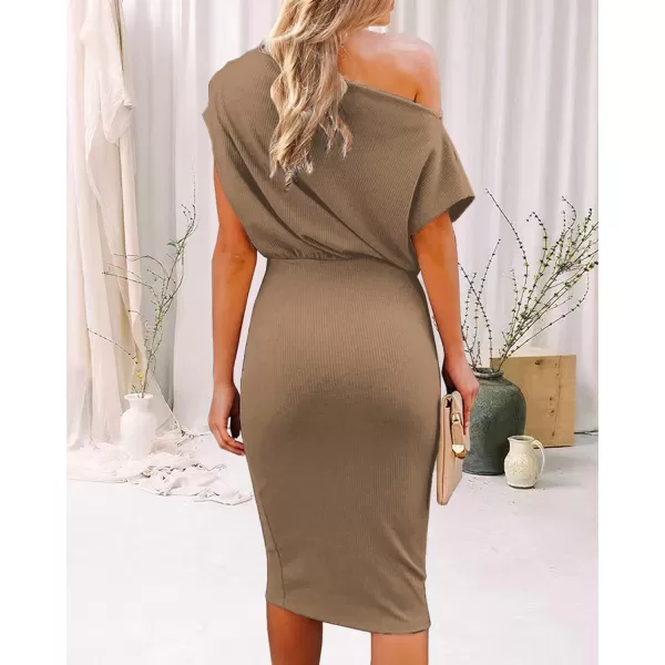 imageBTFBM Womens Casual Party Dresses 2023 Summer Spring Off The Shoulder Short Sleeve Slim Ribbed Knit Midi Bodycon DressSolid Camel