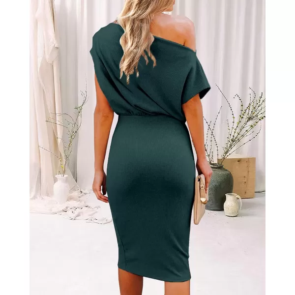 imageBTFBM Womens Casual Party Dresses 2023 Summer Spring Off The Shoulder Short Sleeve Slim Ribbed Knit Midi Bodycon DressSolid Dark Green