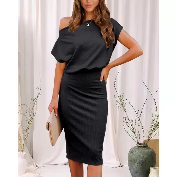imageBTFBM Womens Casual Party Dresses 2023 Summer Spring Off The Shoulder Short Sleeve Slim Ribbed Knit Midi Bodycon DressSolid Dark Grey