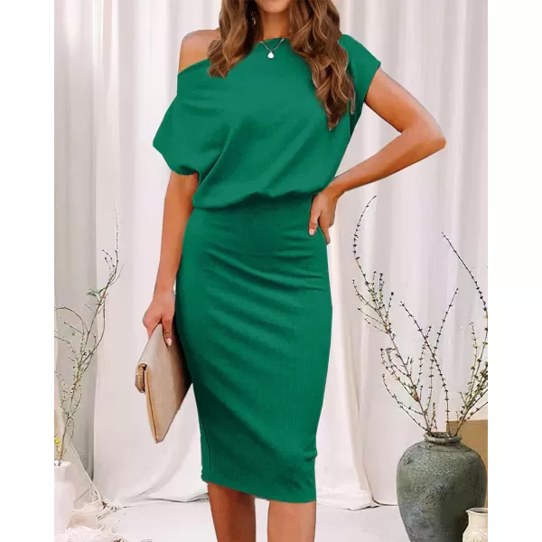 imageBTFBM Womens Casual Party Dresses 2023 Summer Spring Off The Shoulder Short Sleeve Slim Ribbed Knit Midi Bodycon DressSolid Green