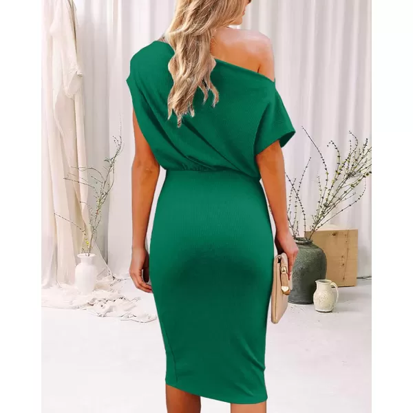 imageBTFBM Womens Casual Party Dresses 2023 Summer Spring Off The Shoulder Short Sleeve Slim Ribbed Knit Midi Bodycon DressSolid Green