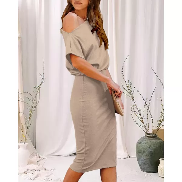 imageBTFBM Womens Casual Party Dresses 2023 Summer Spring Off The Shoulder Short Sleeve Slim Ribbed Knit Midi Bodycon DressSolid Khaki