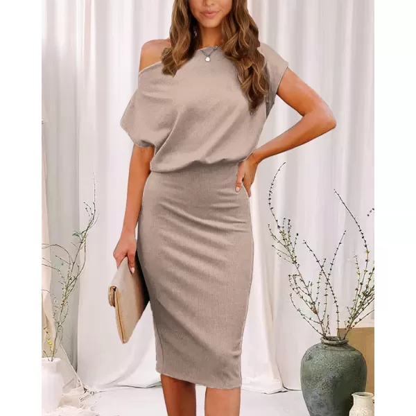 imageBTFBM Womens Casual Party Dresses 2023 Summer Spring Off The Shoulder Short Sleeve Slim Ribbed Knit Midi Bodycon DressSolid Khaki