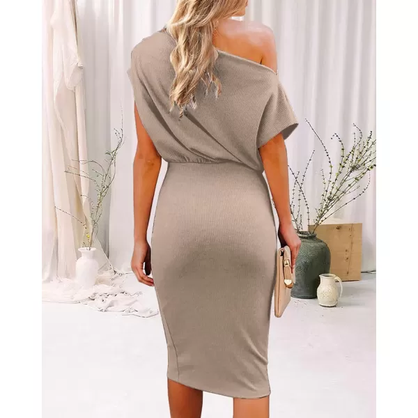 imageBTFBM Womens Casual Party Dresses 2023 Summer Spring Off The Shoulder Short Sleeve Slim Ribbed Knit Midi Bodycon DressSolid Khaki