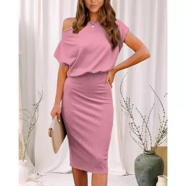 imageBTFBM Womens Casual Party Dresses 2023 Summer Spring Off The Shoulder Short Sleeve Slim Ribbed Knit Midi Bodycon DressSolid Pink
