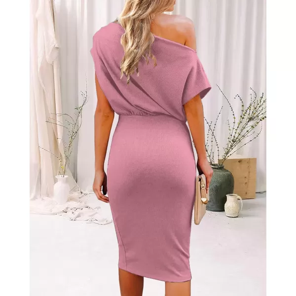 imageBTFBM Womens Casual Party Dresses 2023 Summer Spring Off The Shoulder Short Sleeve Slim Ribbed Knit Midi Bodycon DressSolid Pink