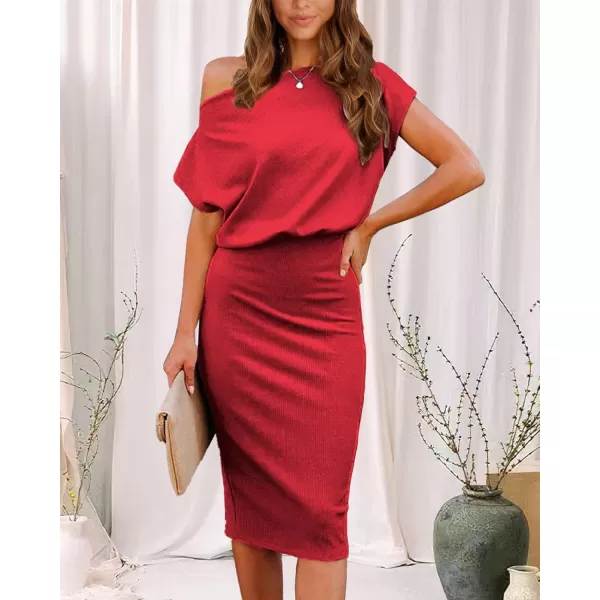imageBTFBM Womens Casual Party Dresses 2023 Summer Spring Off The Shoulder Short Sleeve Slim Ribbed Knit Midi Bodycon DressSolid Red