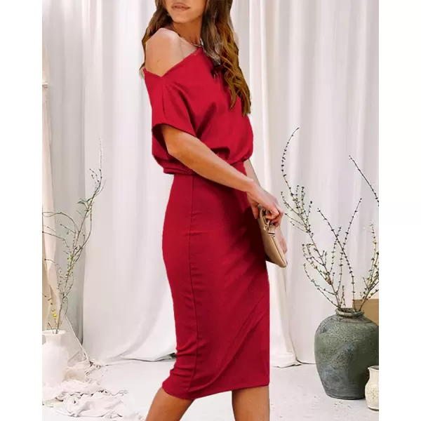 imageBTFBM Womens Casual Party Dresses 2023 Summer Spring Off The Shoulder Short Sleeve Slim Ribbed Knit Midi Bodycon DressSolid Red