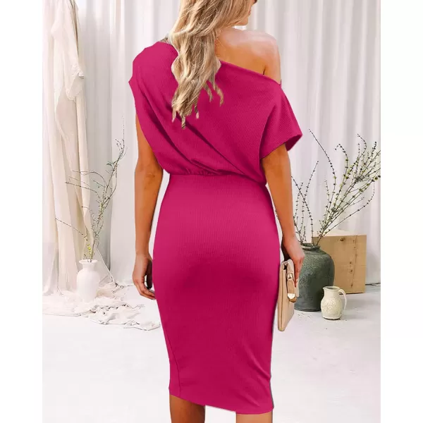 imageBTFBM Womens Casual Party Dresses 2023 Summer Spring Off The Shoulder Short Sleeve Slim Ribbed Knit Midi Bodycon DressSolid Rose Red