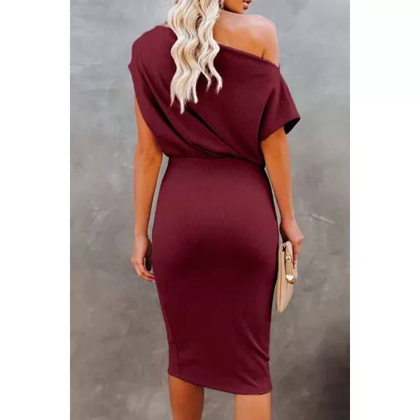 imageBTFBM Womens Casual Party Dresses 2023 Summer Spring Off The Shoulder Short Sleeve Slim Ribbed Knit Midi Bodycon DressSolid Wine Red