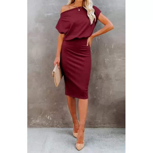 imageBTFBM Womens Casual Party Dresses 2023 Summer Spring Off The Shoulder Short Sleeve Slim Ribbed Knit Midi Bodycon DressSolid Wine Red